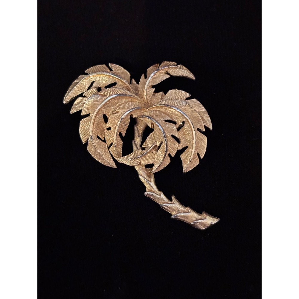 Vintage Gold Tone Palm Tree Brooch Textured Tropical Beach Summer Pin 2.25"